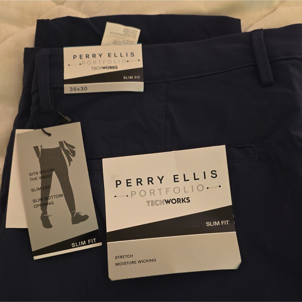 Perry Ellis Slim Fit 36x30 Blue Casual Pants Flat Front Stretch